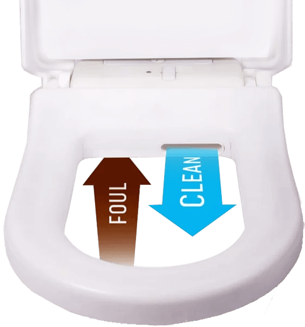XLOO sucks up the foul air from the toilet bowl